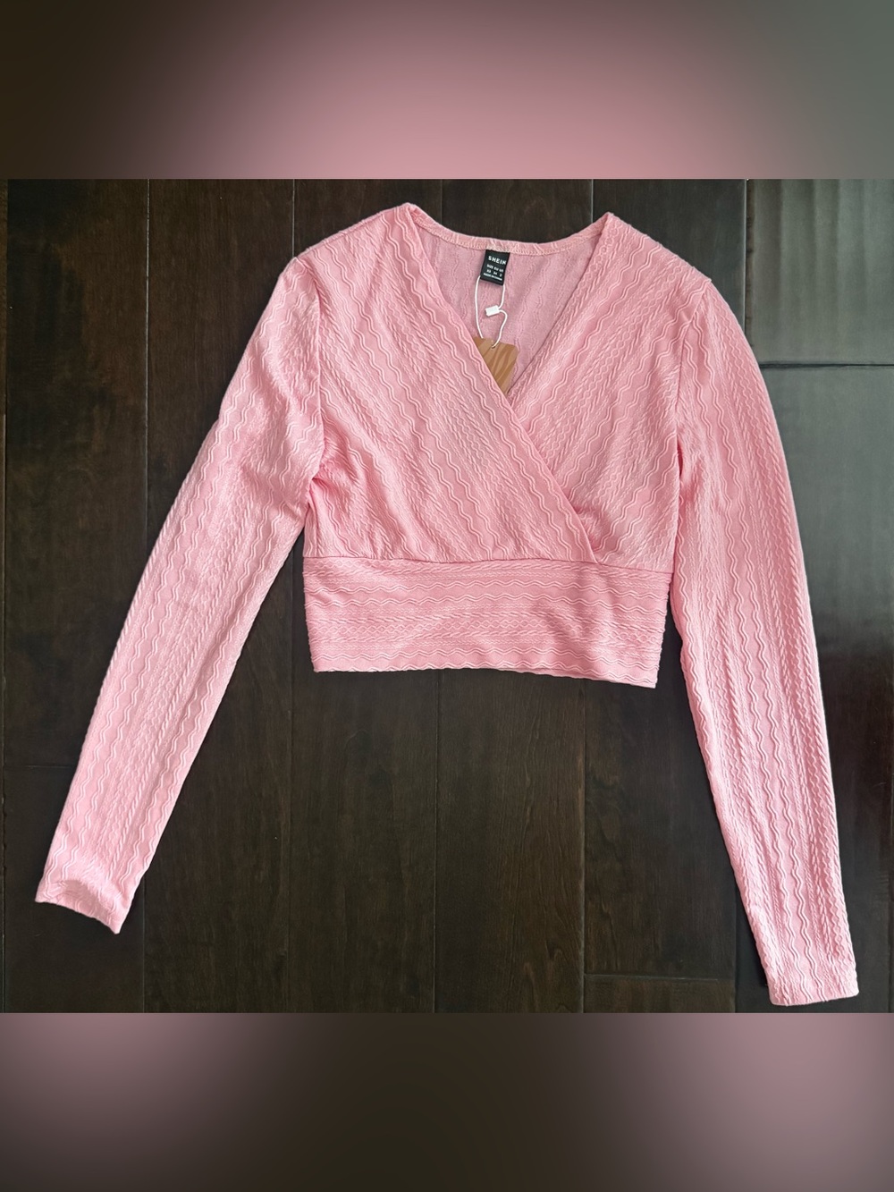 SHEIN Pink Textured Wrap-Style Long Sleeve Crop Top